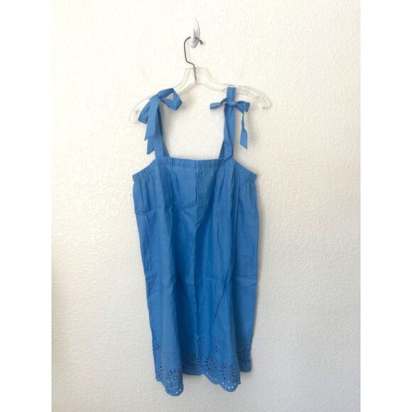 J. Crew Tie- Shoulder Dress with Embroidery Cotton Eyelet Hem Blue NWT Sz Small - Picture 2 of 8